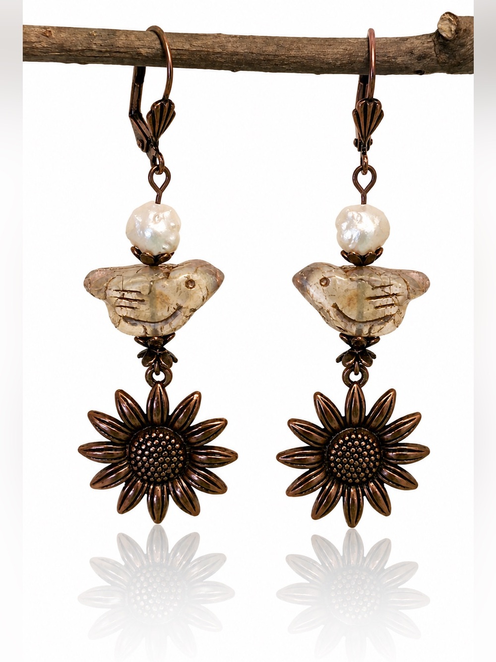Czech Glass Bird & Freshwater Pearl Sunflower Earrings